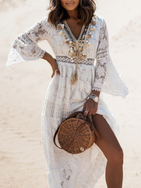 Casual Dresses Summer Bohemian Long Dress Women's Lace V-Neck Spaghetti Shoulder Strap Dress Women's Shoulder Beach Sun Dress White Dress Ve
