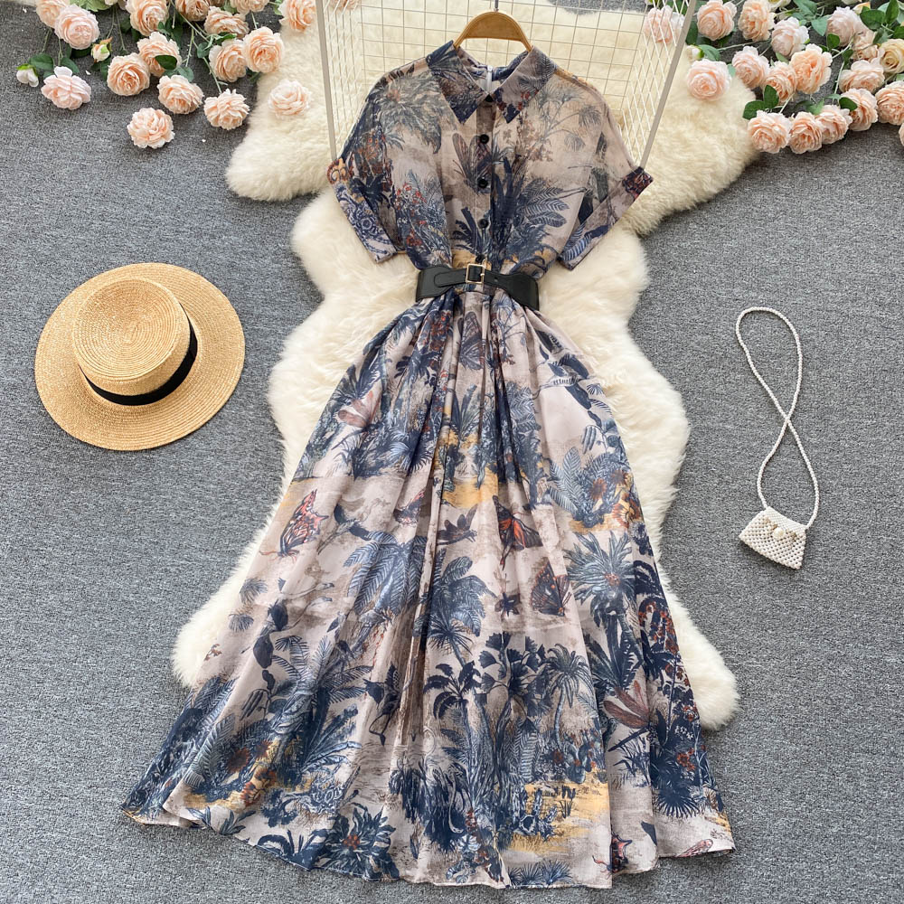 Summer High-class sense of celebrity temperament dress ink painting printing waist Lapel single breasted A-line large swing skirt