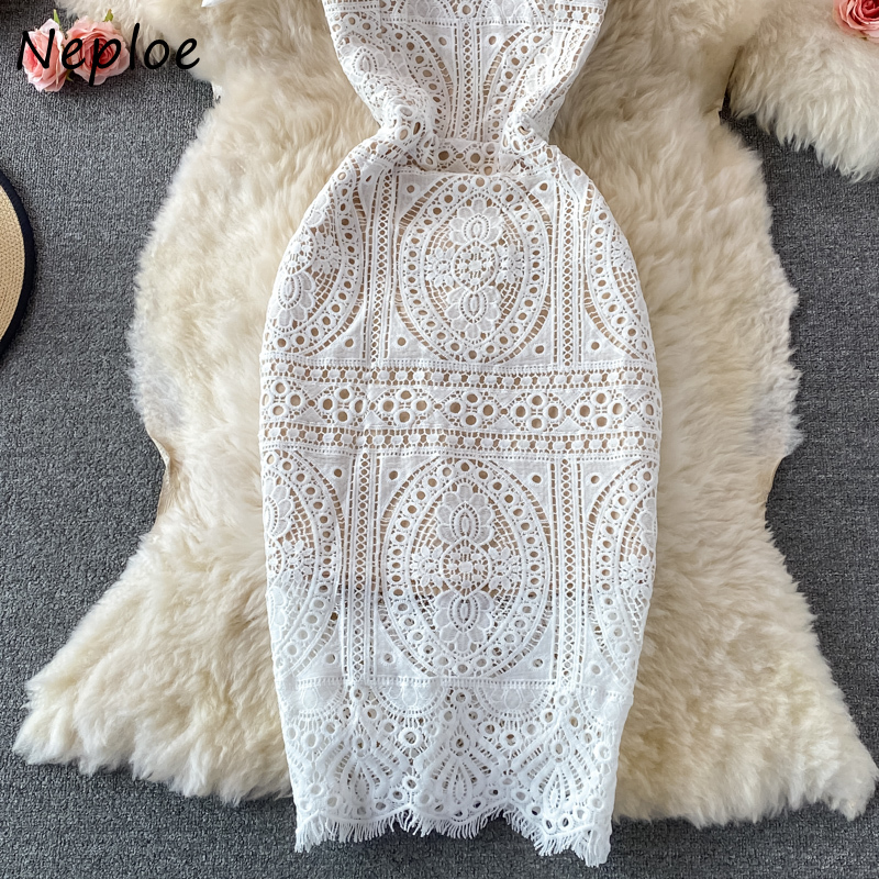 Casual Dresses Employee Square Neck Puff Sleeves Women's Dress Mild Lace Vestidos Women's High Thin Waist Solid Hollow Ceremony Robe 230407