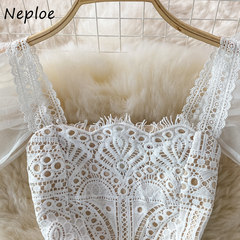 Casual Dresses Employee Square Neck Puff Sleeves Women's Dress Mild Lace Vestidos Women's High Thin Waist Solid Hollow Ceremony Robe 230407