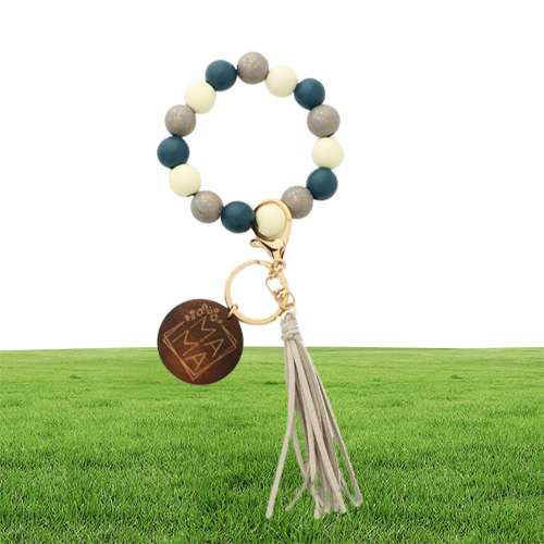 MOTHER039s Day Letters Printing Wooden Silicone Bead Bracelet keychain Fashion Cnady Color Leopard Wristlet Beads Womens Bracel