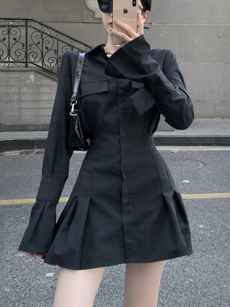 Casual Dresses HOUZHOU Black Shirt Dress Women's Elegant Vintage Long Sleeve Dress Sexy Gothic Pleated Street Clothing Lapel Casual Robe 230407