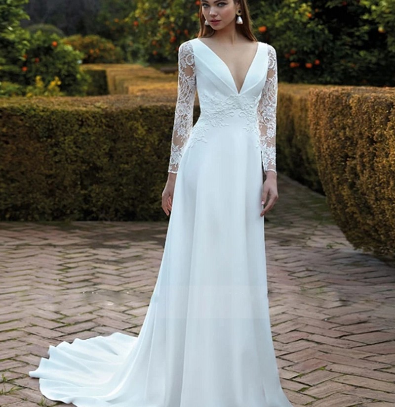 Simple Elegant A Line Wedding Dress Beach Long Sleeve V Neck Long Sleeve Chiffon Illusion Back Bride Gowns Robe De Mariee Rustic Civil