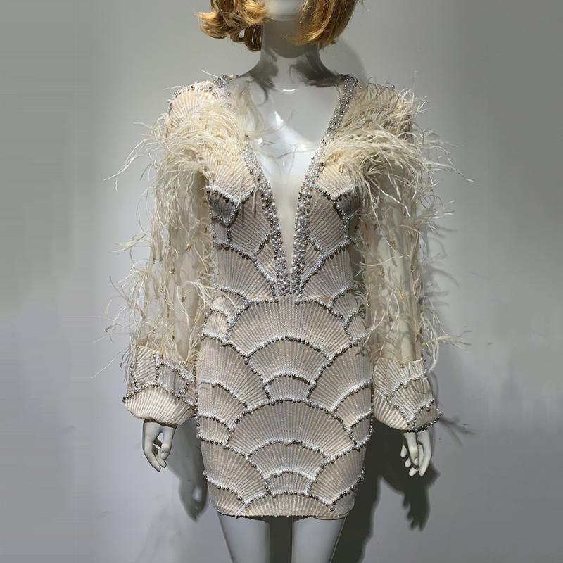 Casual Dresses Women's Sexy V-neck Beaded Dress Long Sleeve Feather Wine 2023 Fashion Luxury Dubai Party DressCasual