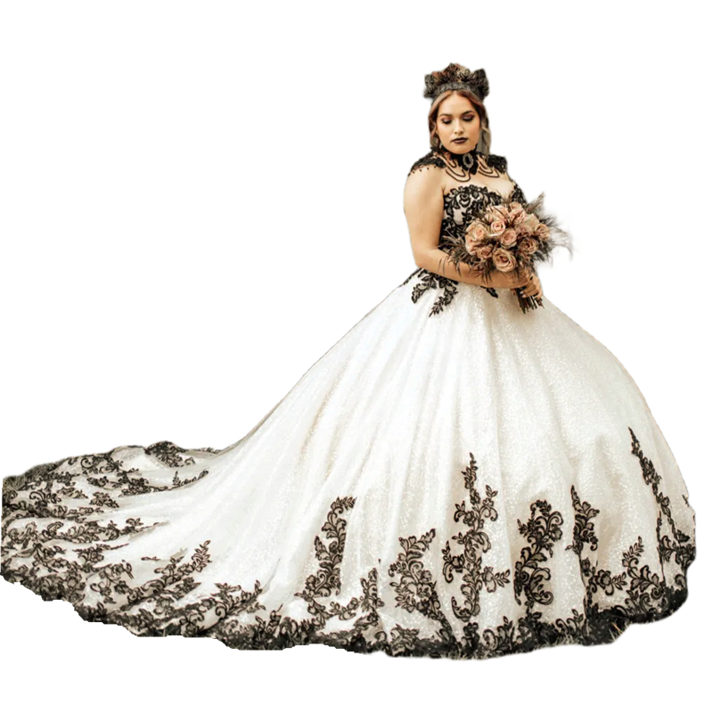 Vintage Black And White Ball Gown Wedding Dresses Sweetheart Neckine Lace-Up Plus Size Bridal Gowns Lace Appliques Seuined Tulle Gothic Bride Dress 20