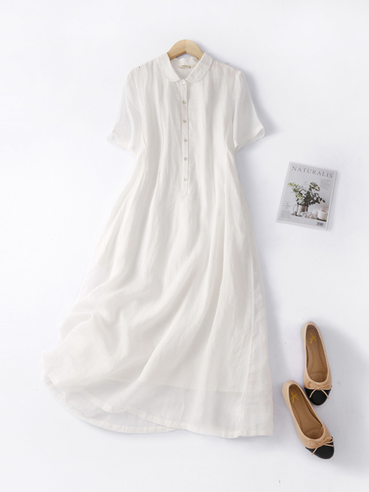Casual Dresses Summer Women's Dress Cotton Linen Waist Thin White Polo Neck Short Sleeve Medium Length Warm Literature Long Sleeve 230407