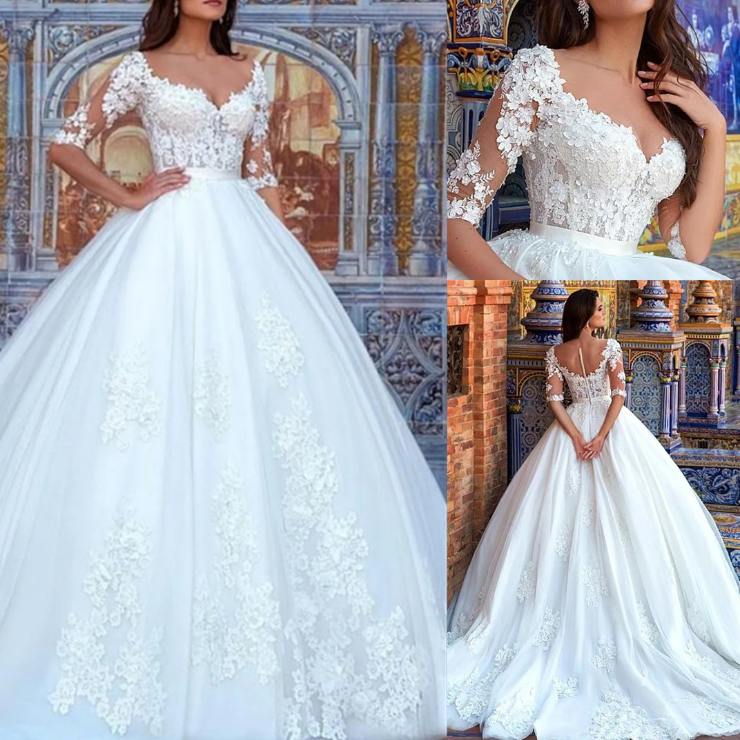Tulle Neckline Bateau Ball Gown with Beaded 3D Flowers Lace Appliques Bridal Gowns Half Sleeves Mermaid Wedding Dresses Vestidos De Novia S s