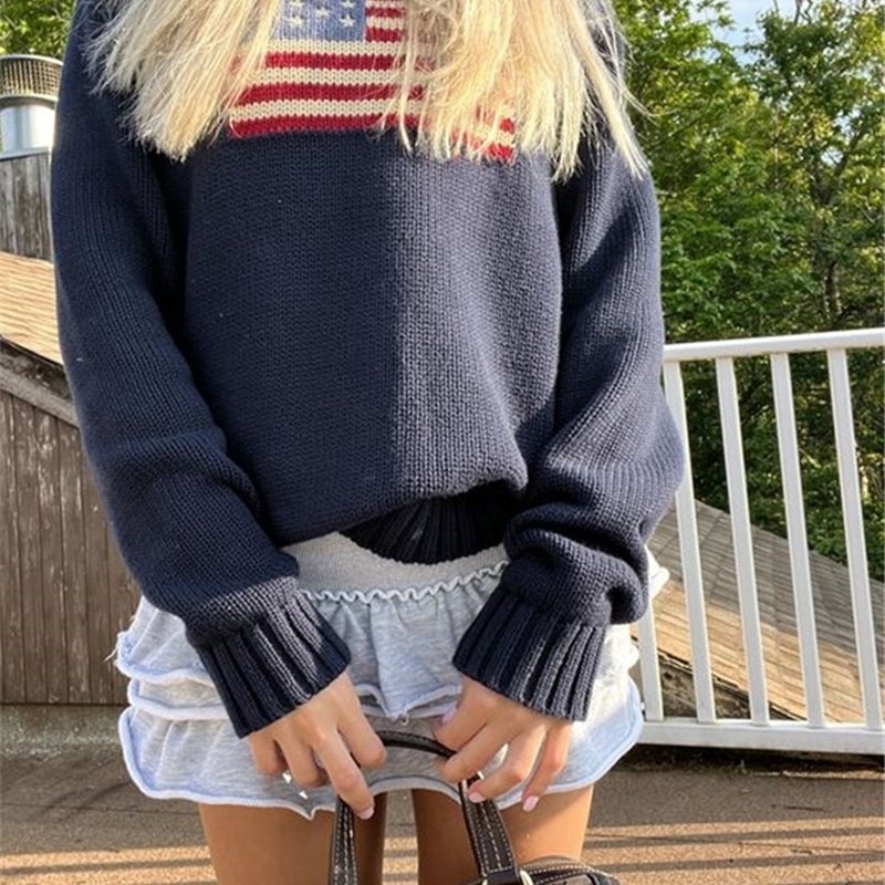 Women s Sweaters Y2K Women Winter Vintage Ladies American Flag Knit Sweater Aesthetics Long Sleeve Oversize Pullover Tops Clothes l231107