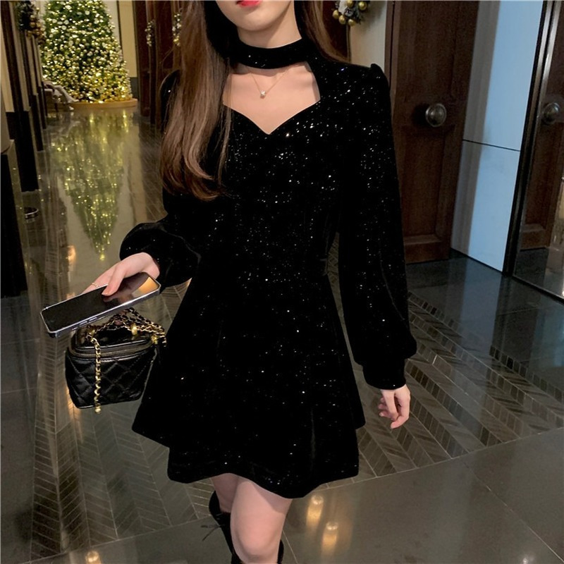 Casual Dresses Red Velvet Elegant Party Mini Dress Women's Sequin Long Sleeve Wram Vintage Dress Women's Casual Korean A-line Dress Year 230