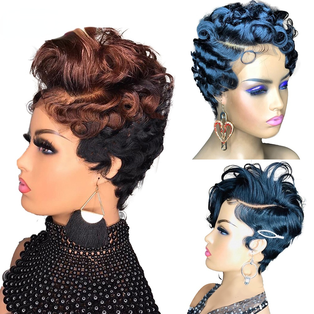 Ombre Brown Color Short Pixie Cut Wig Cheap Human Hair Wigs Straight Bob Wigs With Bangs Full Lace Front Human Hair for Black Women
