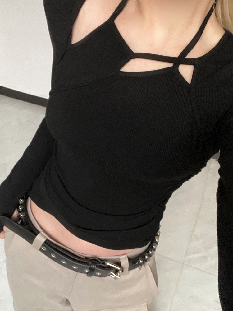 Women s T Shirt Rapcopter Y2K Asymmetrical Crop Top Cut Out Bandage T Shirt Stylish Korean Full Sleeve Slim Cross Tee Grunge Punk Harajuku Women 23040