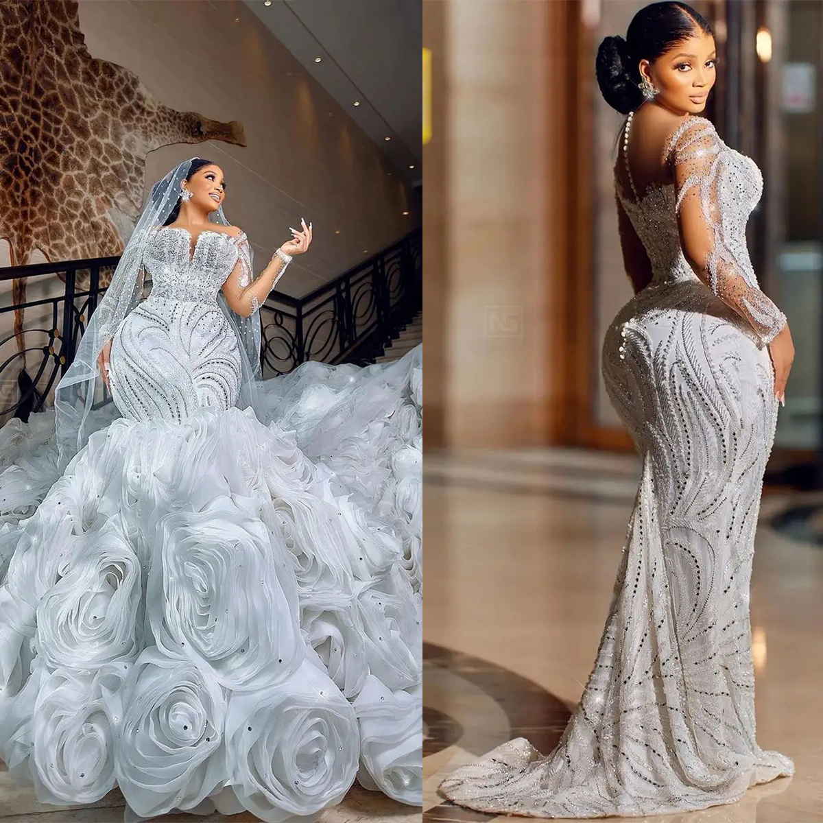 South Africa Mermaid Wedding Dress Cascading Ruffles Lace Appliques Beaded Plus Size Bridal Gowns Custom Made Detachable Train