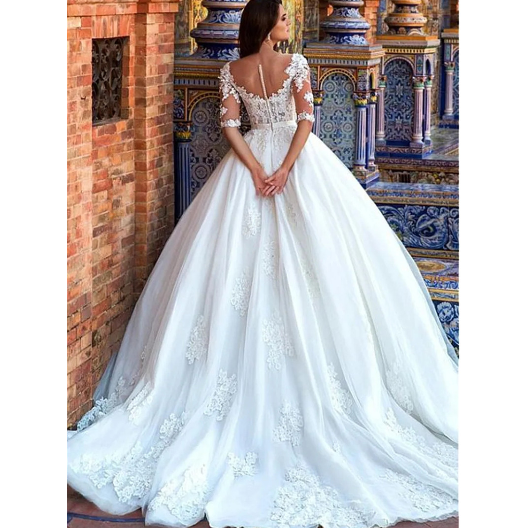 Tulle Neckline Bateau Ball Gown with Beaded 3D Flowers Lace Appliques Bridal Gowns Half Sleeves Mermaid Wedding Dresses Vestidos De Novia S s