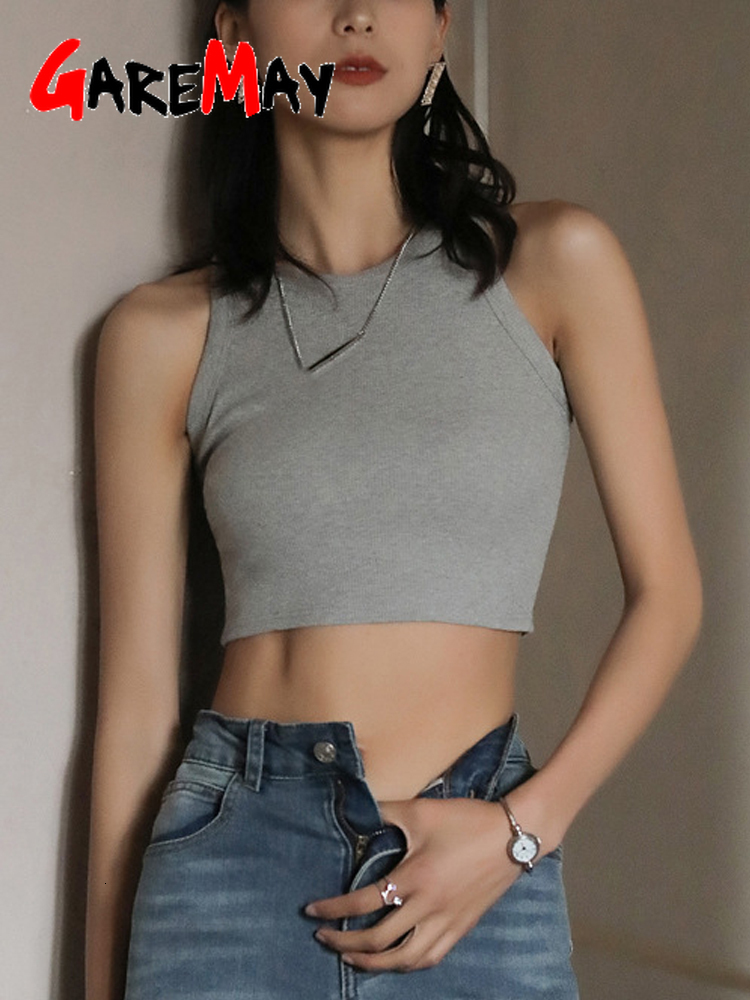 Camisoles Tanks Knitted White Crop Women's Sleeveless Sexy Dress Solid O-Neck Tight Elastic Basic Summer Tank Top Women's Street Clothing 23