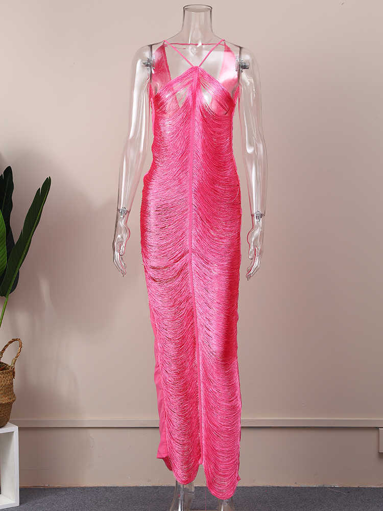 Casual Dresses Sexy Tassel Halter Long Dress Women Pink Y2K Fringe Backless Bodycon Party Dresses 2022 Summer Cut Out Sleeveless Lady Vestidos P230407