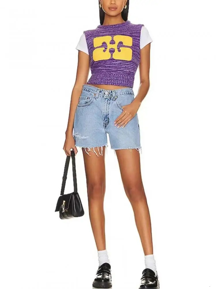 Women s Sweaters Fashion Ladies Round Neck Sleeveless Knit Tank Top 2023 Yellow Print Purple Short Vest Summer Versatile 231107