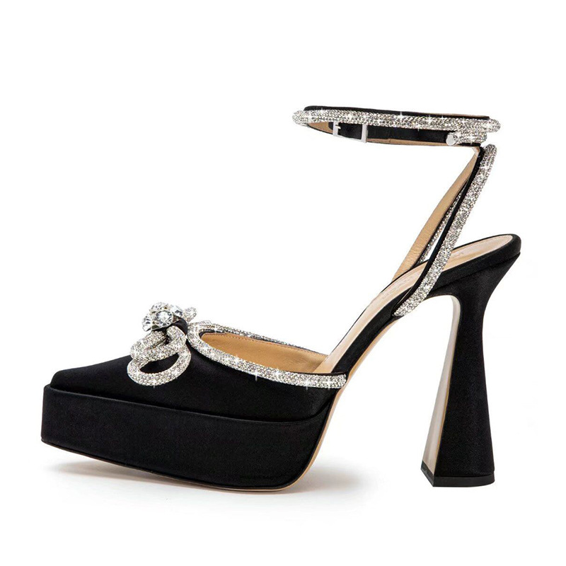 2023 Sandals Bow Rhinester Thick Heel High Heels Pointy Large Size Hollow Sandals, Black