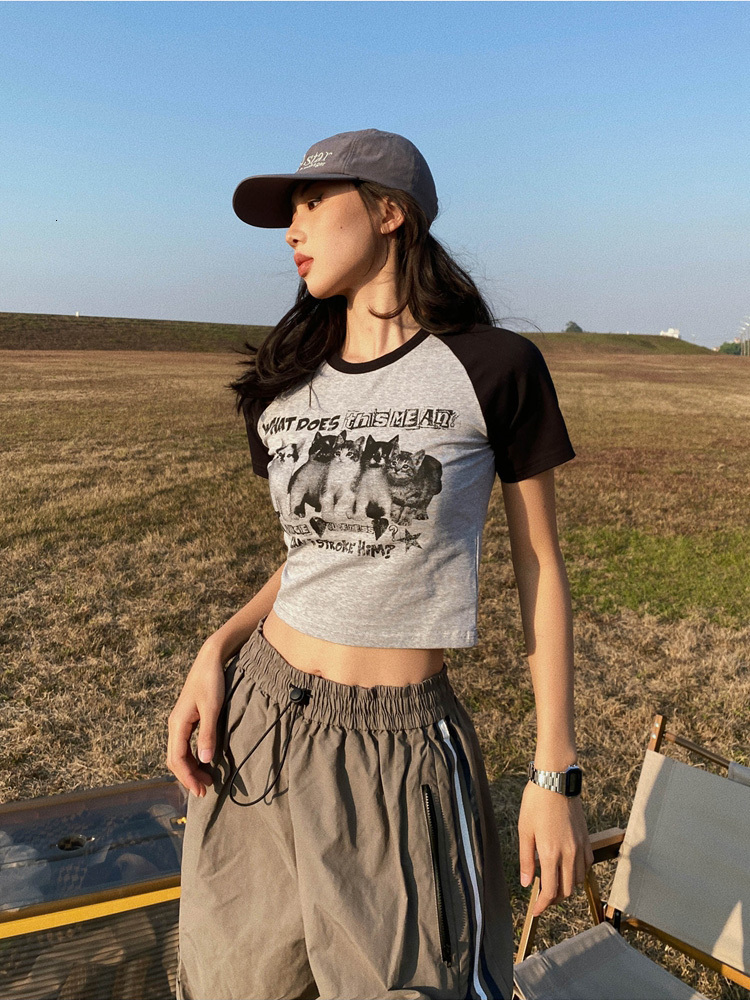 Women s T Shirt Women Y2k Crop Tops Tees Cat Print Slim Graphic Summer Korean Fashion Harajuku Streetwear Short Sleeve Aesthetic Clothes 230407