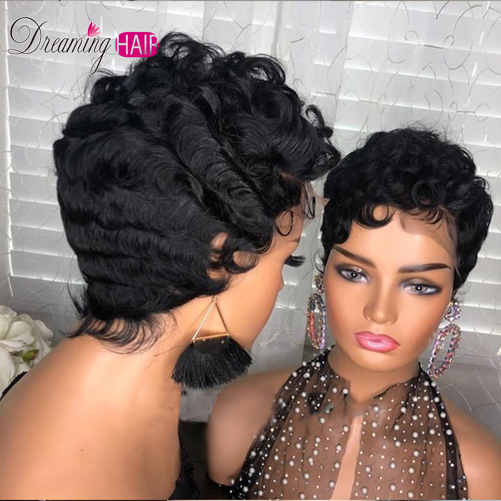 Brazilian Short Pixie Cut Wig Human Hair Curly Wigs for Black Women None Full Lace Front Finger Waves Hairstyles