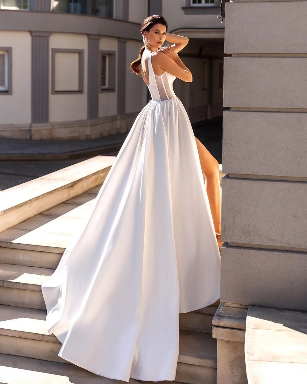 Elegant Solid A Line Wedding Dress 2024 Sleeveless Backless Bridal Gowns White Satin Side Split Bride Dresses Vestidos De Novia