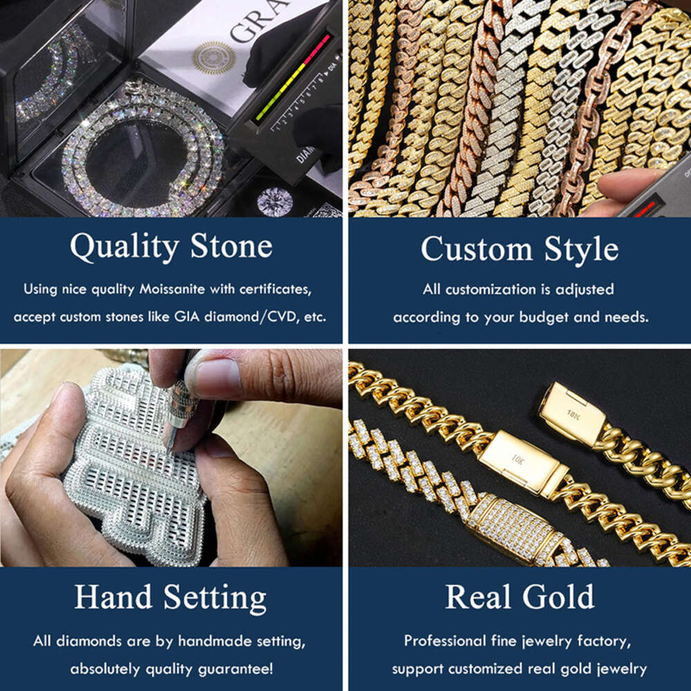 moissanite chain Hip Hop 925 Silver Gold plated 2mm 3mm 4mm 5mm 6.5mm VVS Moissanites Diamond Necklace Moissanite Tennis Chain For Men Women