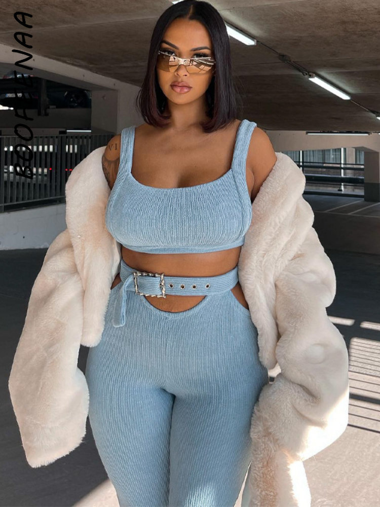 Women s Two Piece Pants BOOFEENAA Blue Ribbed Cut Out Belted Flare 2 Set In Matching Sets 2023 Summer Baddie Outfits for Woman C16 DC39 230407