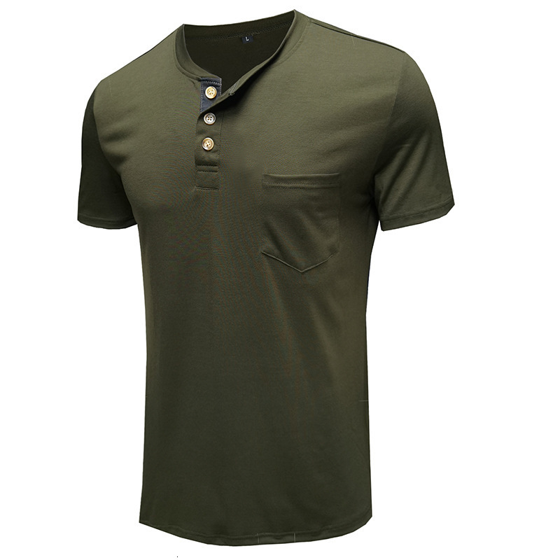 Men's T-Shirts Summer Men's Short Sleeve T-shirt Henley Collar Solid Casual Top Single Chest Pocket T-shirt 230407