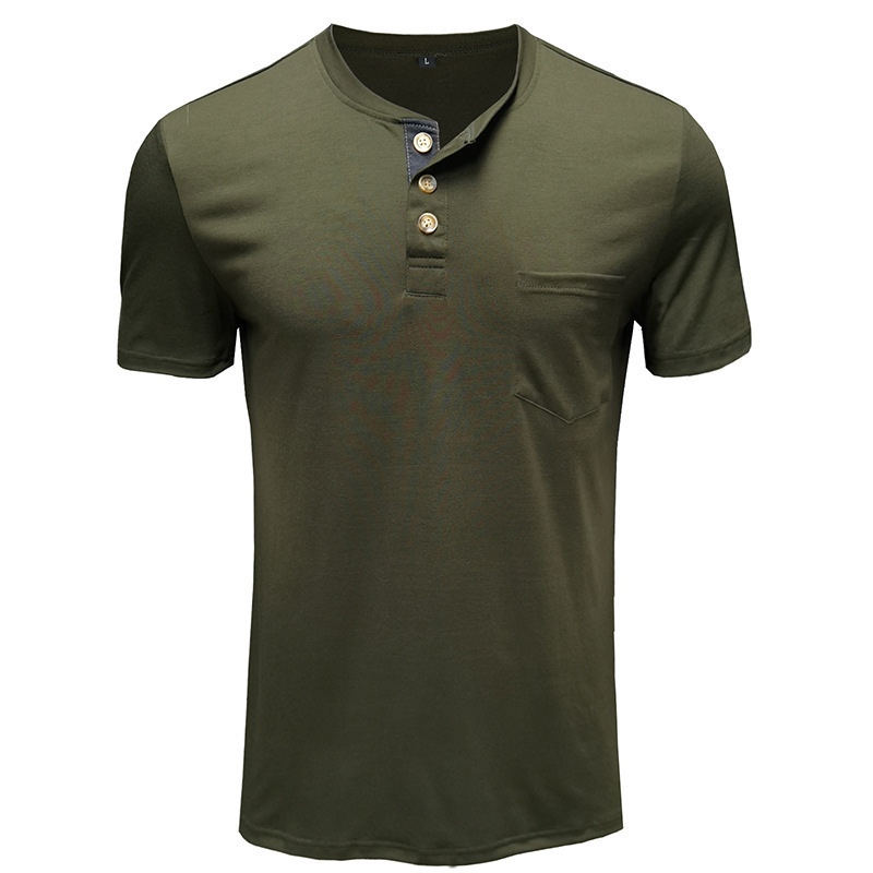 Men's T-Shirts Summer Men's Short Sleeve T-shirt Henley Collar Solid Casual Top Single Chest Pocket T-shirt 230407