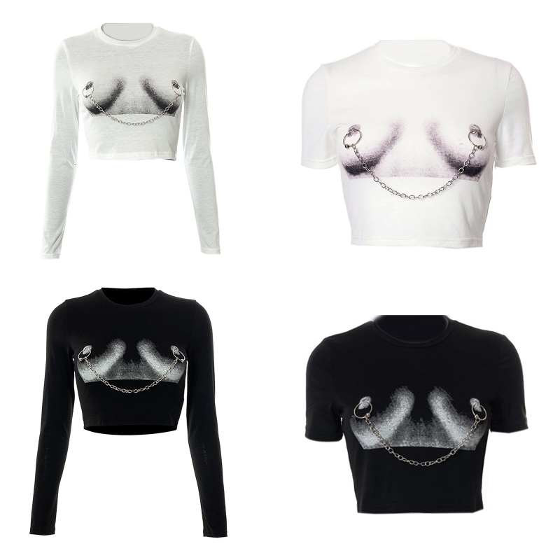 Womens TShirt Women ShortLong Sleeve Crewneck TShirt Harajuku Punk Funny Nipple Graphic Print Crop Top with Nipplerings Chain Casual Slim 230406