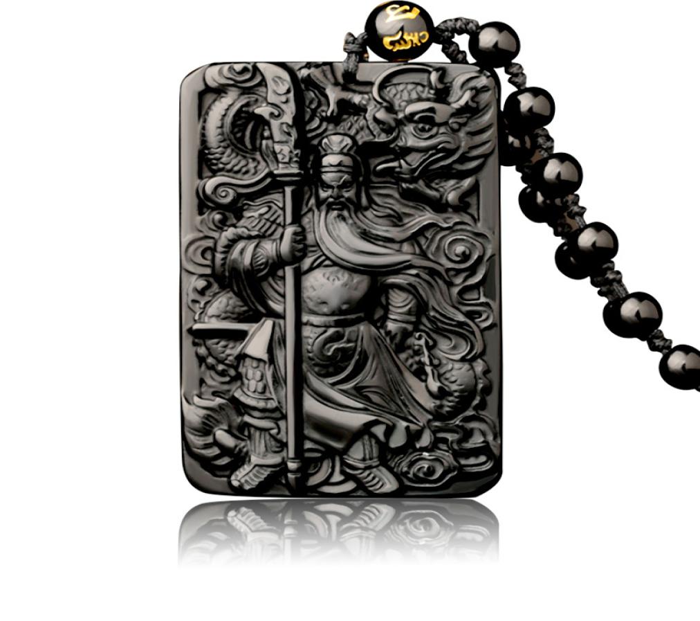 Natural Obsidian Pendant with Beads Chain Dragon Guan Gong Guan Yu Hold Broadsword Knight Pendant Necklace for Menwomen Jewelry 2