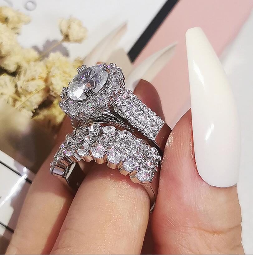 Choucong Sparkling Wedding Rings Luxury Jewelry 925 Sterling Silver Round Cut White Topaz CZ Diamond Gemstones Party Women Bridal Couple Ring Set Gift