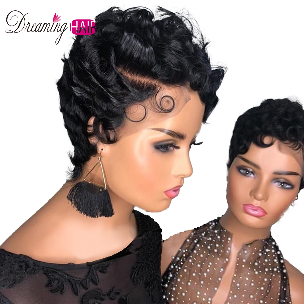 Brazilian Short Pixie Cut Wig Human Hair Curly Wigs for Black Women None Full Lace Front Finger Waves Hairstyles