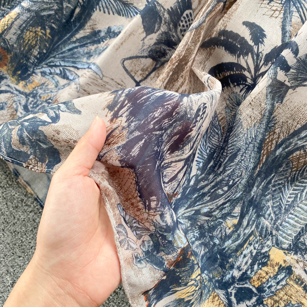 Summer High-class sense of celebrity temperament dress ink painting printing waist Lapel single breasted A-line large swing skirt