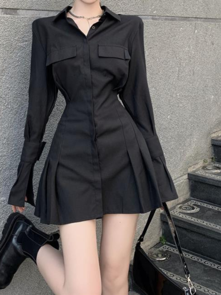 Casual Dresses HOUZHOU Black Shirt Dress Women's Elegant Vintage Long Sleeve Dress Sexy Gothic Pleated Street Clothing Lapel Casual Robe 230407