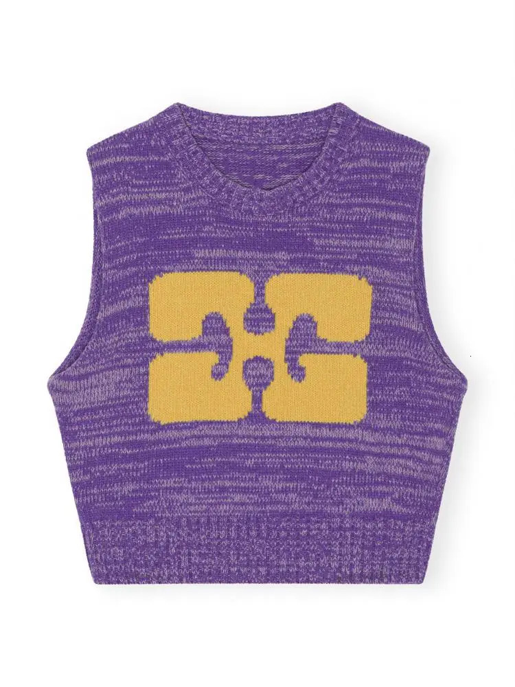 Women s Sweaters Fashion Ladies Round Neck Sleeveless Knit Tank Top 2023 Yellow Print Purple Short Vest Summer Versatile 231107