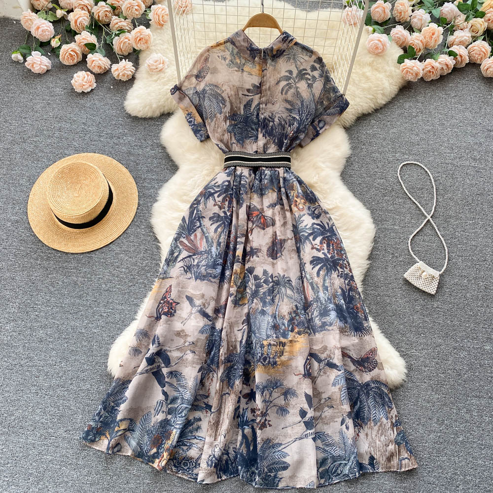 Summer High-class sense of celebrity temperament dress ink painting printing waist Lapel single breasted A-line large swing skirt