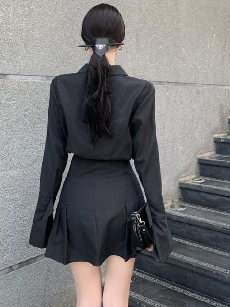 Casual Dresses HOUZHOU Black Shirt Dress Women's Elegant Vintage Long Sleeve Dress Sexy Gothic Pleated Street Clothing Lapel Casual Robe 230407