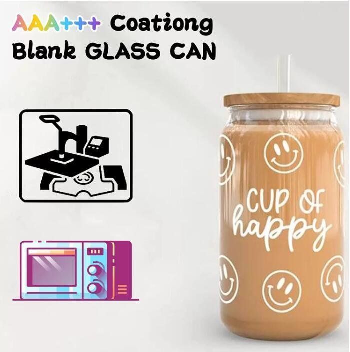USa/ca Warehouse 16oz Sublimation Glass Beer Mugs with Bamboo Lid Straw DIY Blanks Frosted Clear Can Shaped Tumblers Cups Heat Transfer Cocktail NEW