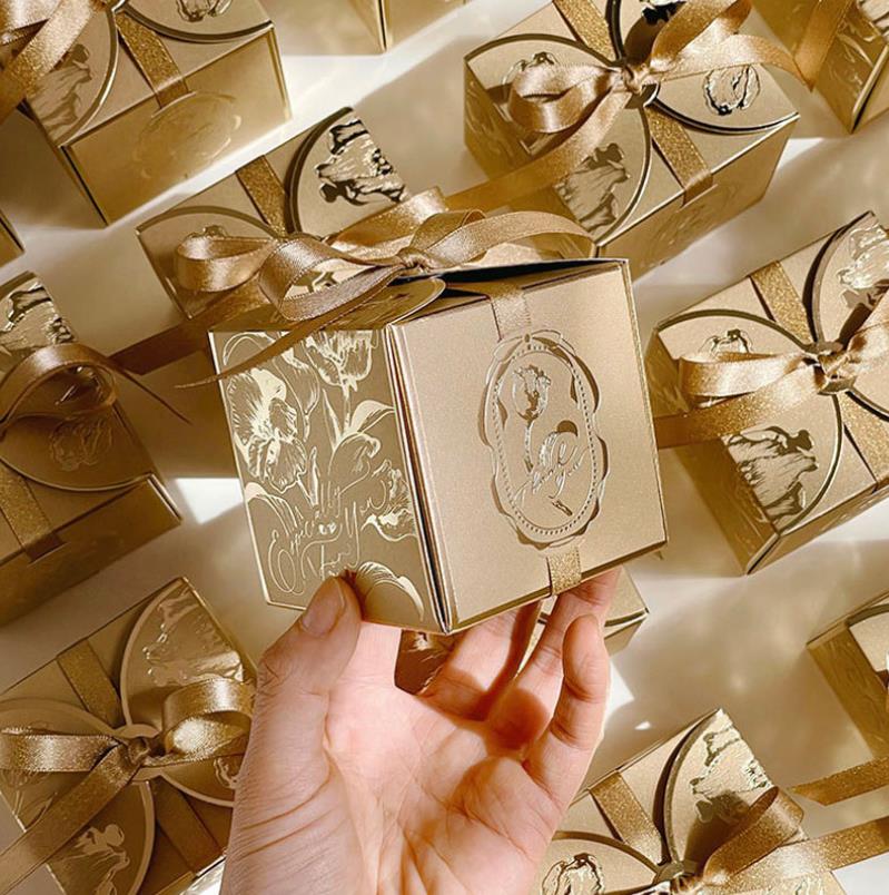 Candy Box Cookie Gift Wrap Romantic Wedding Favors Chocolate Boxes with Ribbon for Bridal Birthday Party Supplies Champaign Gold
