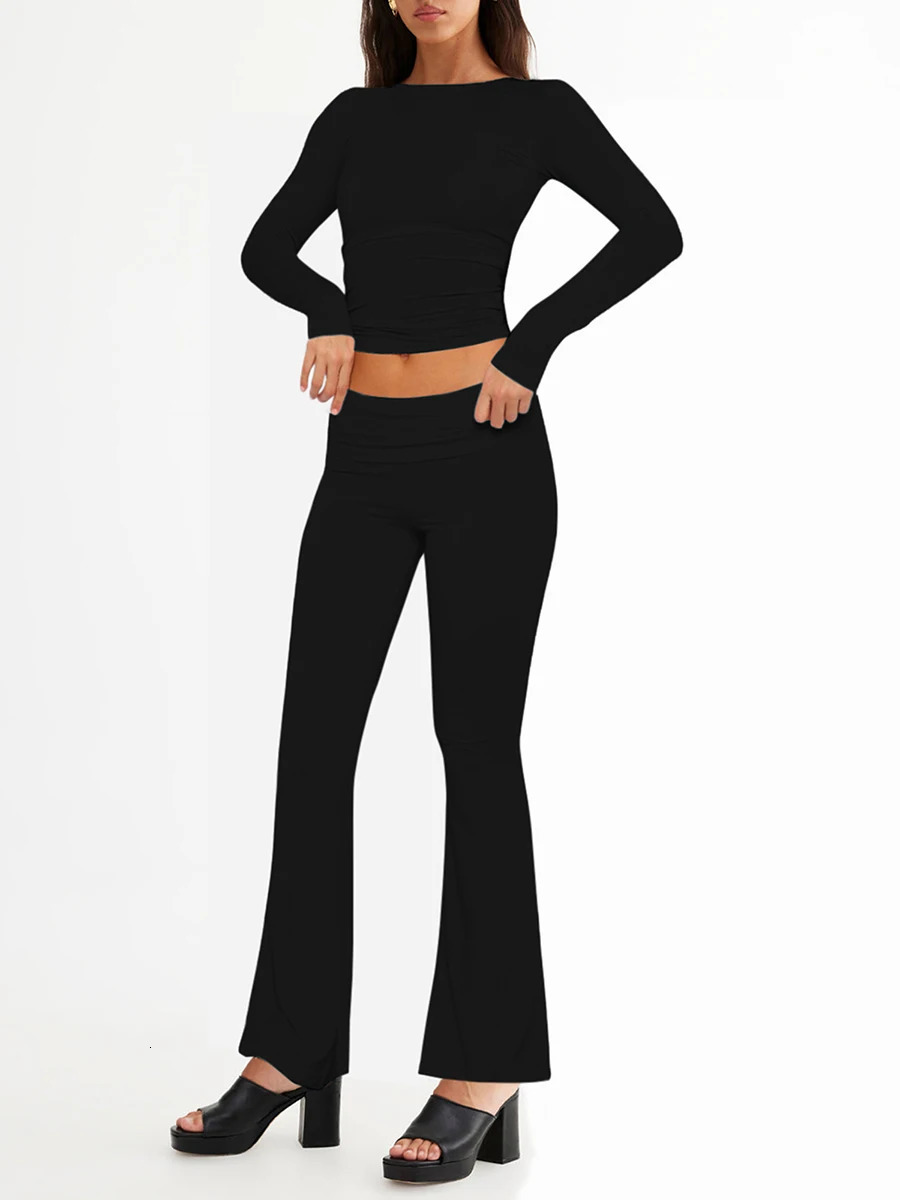 Women s Two Piece Pants Solid Set For Women 2023 Spring Autumn Slim Fits Long Sleeve T shirts Low Waist Casual Tracksuits Outfits Suits 231107