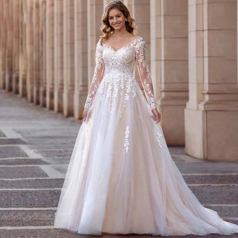 Elegant V-Neck Wedding Dress 2024 Plus Size Lace Long Sleeve Women White Open Back Tulle Bridal Gown Sweep Train Vestidos De Novia