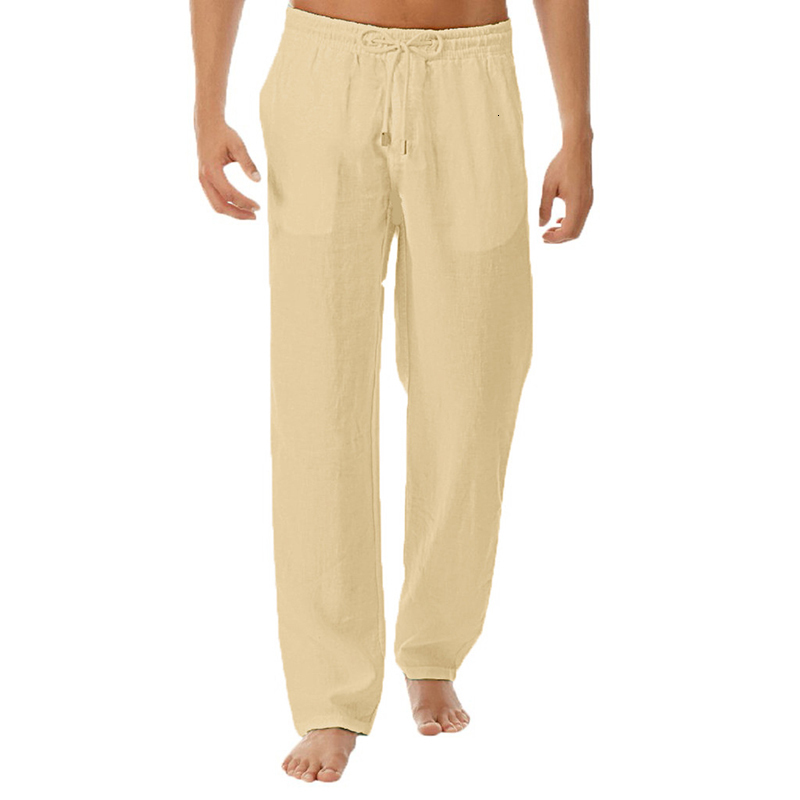 Men's Pants high-quality men's summer casual pants natural cotton polyester Trousers white polyester elastic waist straight men's pants