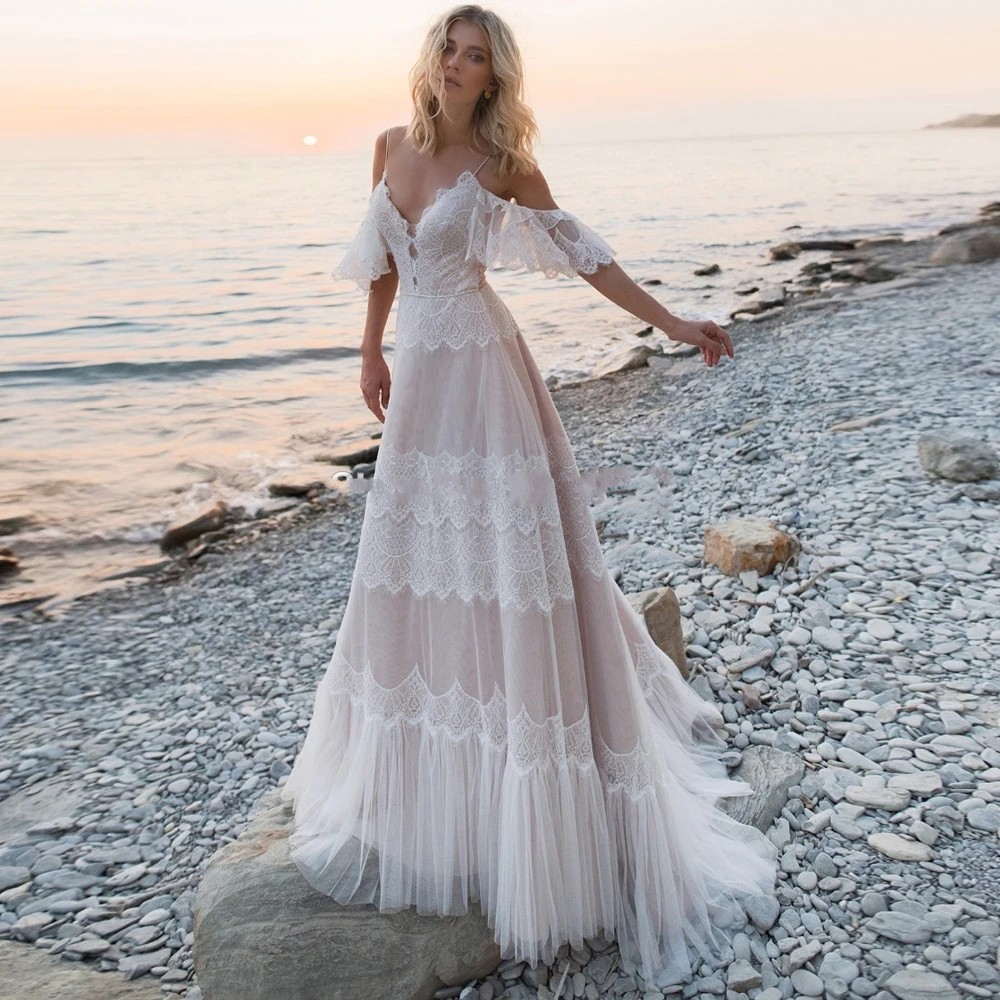Bohemian Wedding Dress Tempting Nude Champagne V Neck Chic Sleeves Straps Ruffles Lace A Line Backless Bridal Gowns Vestidos De Novia