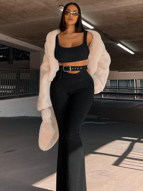 Women s Two Piece Pants BOOFEENAA Blue Ribbed Cut Out Belted Flare 2 Set In Matching Sets 2023 Summer Baddie Outfits for Woman C16 DC39 230407
