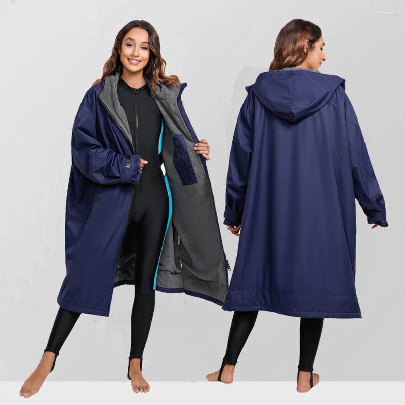 Women's Down Waterproof Surf Changing Robe Outdoor Surfing Pool Coat Lamb Wool Jacket Hooded Cloak Beach Lining Anorak Raincoat Unisex