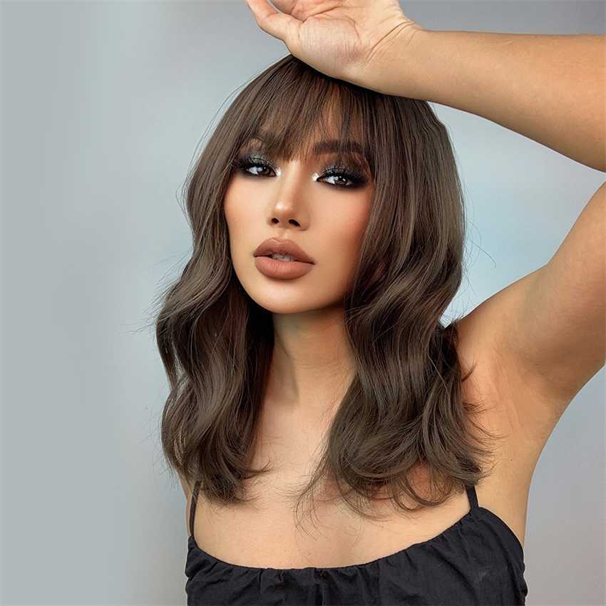 Synthetic Wigs Easihair Brown Wavy Short Bob Wigs for Women with Bangs Synthetic Medium Length Cute Daily Natural Hair Wig Heat Resistant 230227