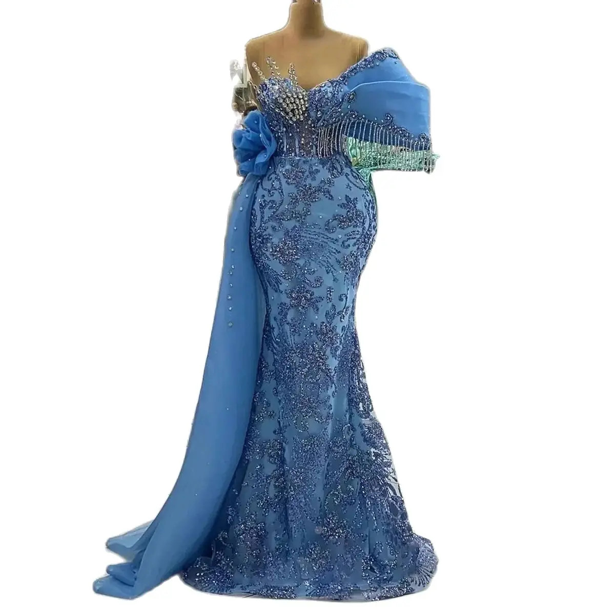 One Shoulder Evening Gown Sexy Lace Crystal Tassels Mermaid Dresses Sequined Lace Sleeveless Prom Dress Formal Custom Made