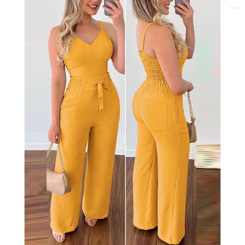 Women's Two Piece Pants 2023 Casual Women Shirred V-Neck Spaghetti Strap Cami Top High Waist Tied Detail Wide Leg Sets 2 Pieces Woman
