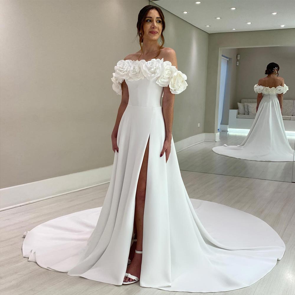 Stunning Side Split Wedding Dresses Off The Shoulder Neckline Bridal Gowns With Hand Made Flowers A Line Satin Vestido De Novia