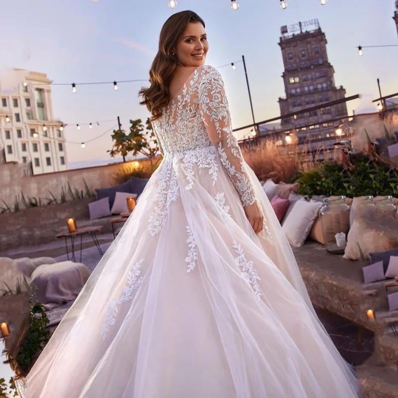 Elegant V-Neck Wedding Dress 2024 Plus Size Lace Long Sleeve Women White Open Back Tulle Bridal Gown Sweep Train Vestidos De Novia